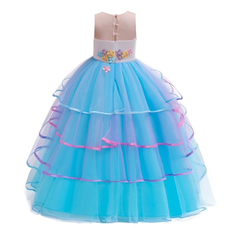 HIHCBF Girls Unicorn Costume Pageant Princess Party Dress Wedding Birthday Halloween Carnival Long Maxi Gown w/Headband Blue 4-5T - Image 4